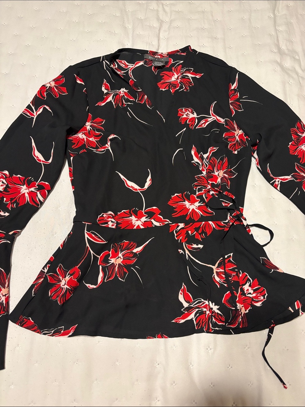 Suzy Shier Black Blouse with Red Floral Print